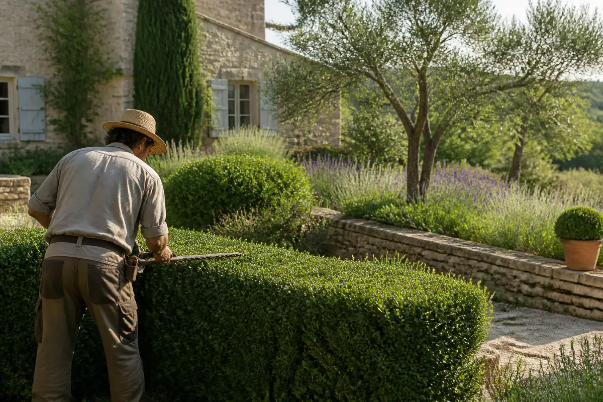 Gardien taillant une haie de buis dans le jardin d'une propriété provençale